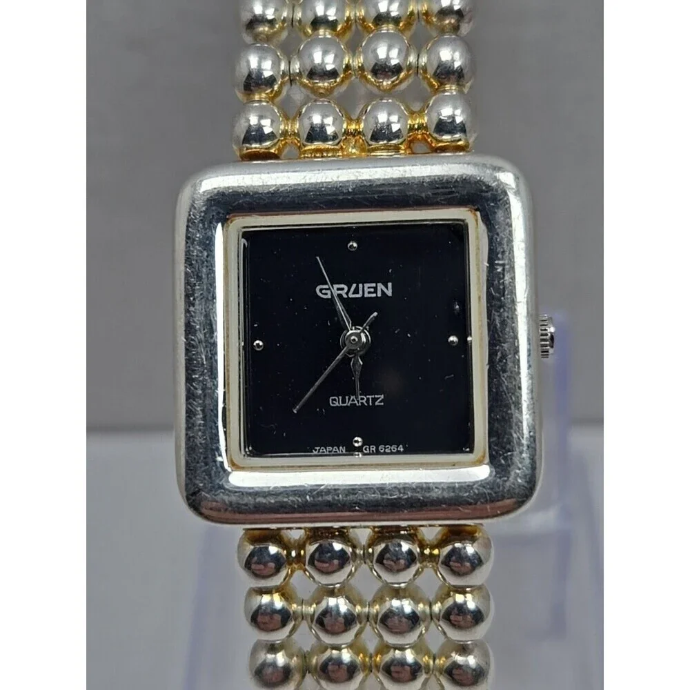 Gruen Womens Square Black Dial Quartz Watch Silver Bead Bracelet New Battery